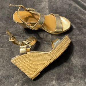 Gold ankle strap open toe cork wedge sandals never worn
